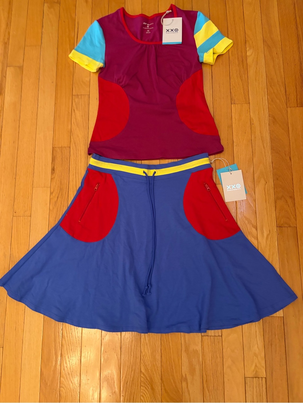 Girls' Colorblock Purple & Blue Skirt Set with Red Accents